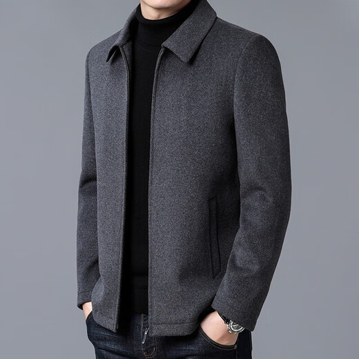 ROMON Wool Woolen Coat Jacket Men's Short Autumn and Winter Clothing Thickened Lapel Middle-aged Men's Woolen Jacket Gray XL 180/145-165Jin Jin equals 0.5 kg