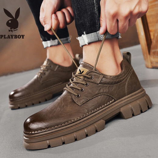 PLAYBOY Leather Shoes Men's 2025 Autumn Business Casual Shoes Soft Sole British Formal Shoes Low-top Work Shoes Brown 42