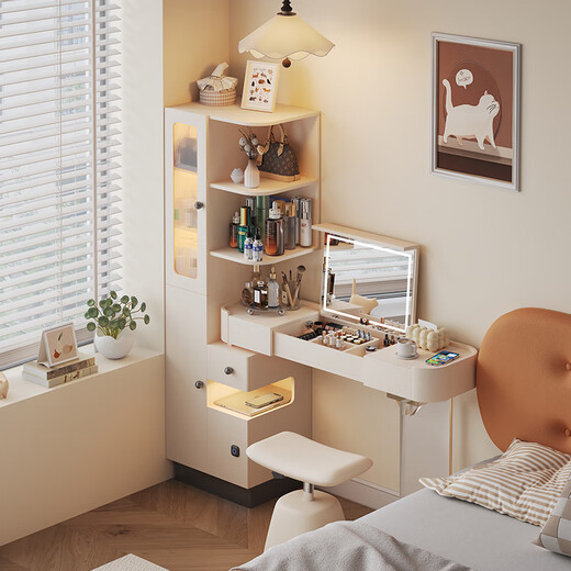 Tinymiya bookcase and dresser integrated small apartment modern minimalist bedside storage cabinet safe retractable flip top makeup table 40cm high cabinet left opening + lift stool hollow in the middle - reserved socket
