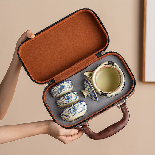 Blue and White Ru Kiln Handheld Pot Travel Tea Set One Pot Three Cups Single Outdoor Portable Anti-scalding Quick Cup Ru Kiln Huang Fanhua-One Pot Three Cups + Round Ash Bag
