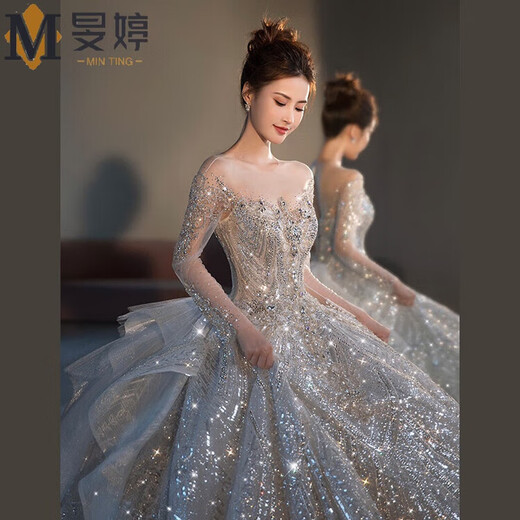 
Three-point DreamWork Wedding Dress Bride Main Yarn Heavy Industry High-Custom tailing French Starry One-Shoulder Wedding Dress Women's New Style Bride S Qidi Wedding Dress L All Size