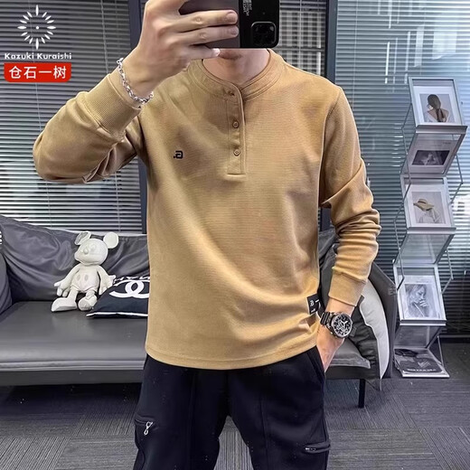 KAZUKI KURAISHI Kazuki Kuraishi trendy brand solid color Henley round neck sweatshirt men's spring and autumn new fashion casual long-sleeved clothes black 3XL 162-175Jin Jin is equal to 0.5 kg