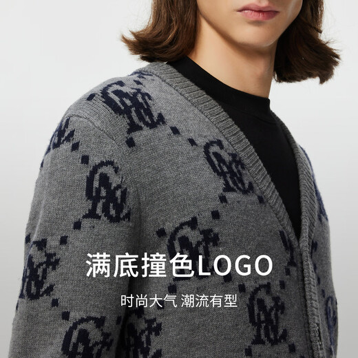 C N C light luxury men's sheep wool cardigan autumn and winter full bottom logo warm sweater jacket top gray pattern M /50/(175/92A)