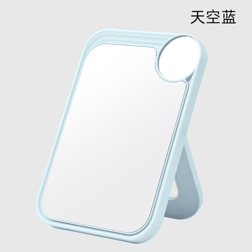 网红ins超高清化妆镜方形台式单面带放大小圆镜美发工具放大两用单面镜LED随身补光镜子 蓝色