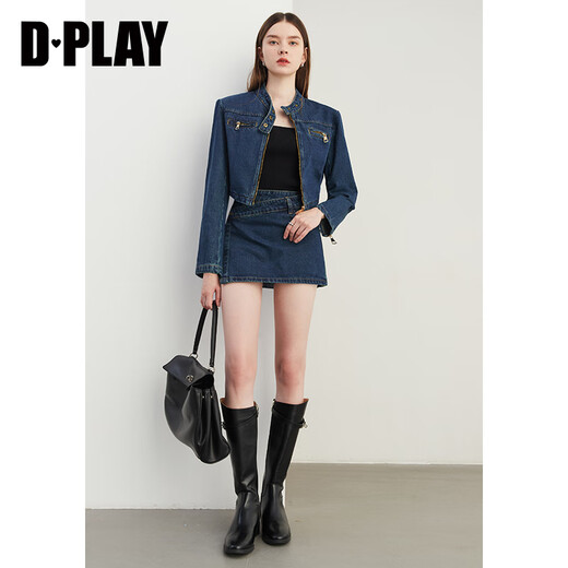 DPLAY2025 autumn retro commuter dark denim blue round neck washed fabric long-sleeved denim short suit dark denim blue S