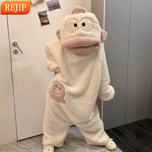 REJIP Pajamas for Women in Autumn and Winter Cute Cartoon Coral Velvet New Thickened Plush Nightgown Dress One-piece Home Clothes Outerwear Men's Clown Fish White One-piece Suit S (Recommended weight 80-100 Jin Jin equals 0.5 kg)