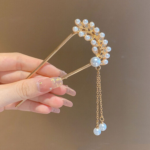 Mengdong pearl style tassel U-shaped hairpin for women, high-end cheongsam hairpin accessories, new Chinese style hairpin, ancient style hairpin, pearl style tassel hairpin*1 piece, main body is about 10*5cm