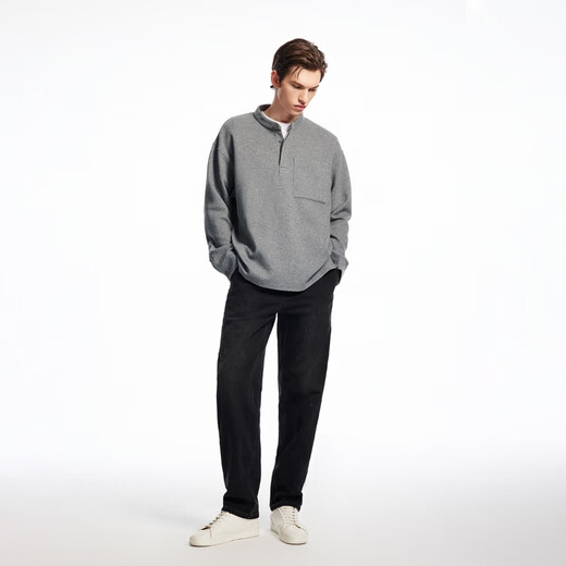 SEASON HIGHSEASON HIGH men's sweatshirt solid color simple comfortable classic henley collar loose top S25333006 MEDIUM GRAY MELANGE medium gray regular M