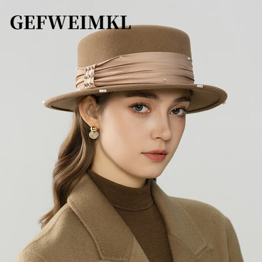 GEFWEIMKL French Pearl Bow Flat Top Women's Hat Autumn and Winter New Merino Wool Felt Hat Hepburn Style Hat Women Light Gray One Size (56-58cm)