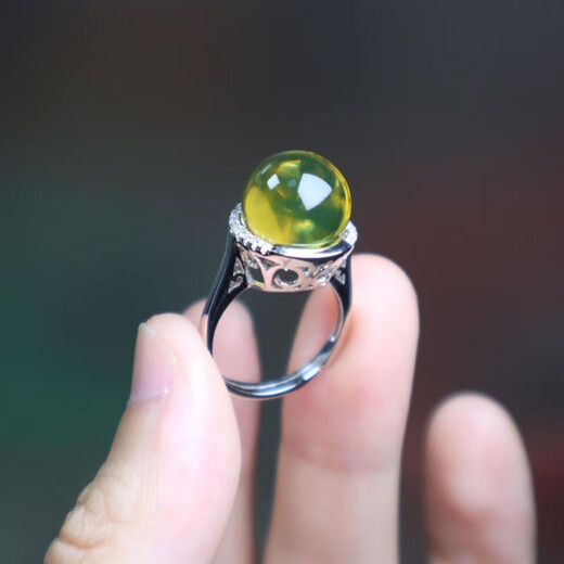 Yuze natural ore amber blue amber round beads 5A water purification S925 silver inlaid ring for women with open opening, fashionable and versatile, high quality