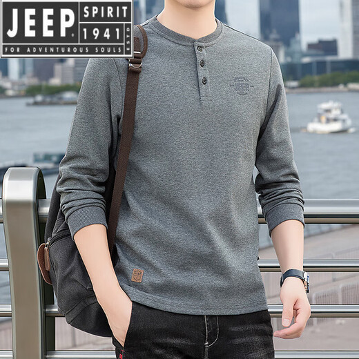 JEEP SPIRIT cotton long-sleeved T-shirt men's spring and autumn versatile casual loose large size T-shirt Henry collar sports sweatshirt trendy black XL (recommended 145-165Jin Jin equals 0.5 kg)