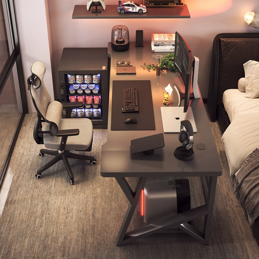 Double Computer Desk Desktop Bedroom Household Long Desk Couple Gaming Table Table and Chair Set Simple Office Desk Single-Basic Cool Black 140CM