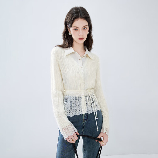 Qiushui Yiren V-neck hollow soft waxy knitted cardigan new autumn women's fashion versatile thin top off-white XL