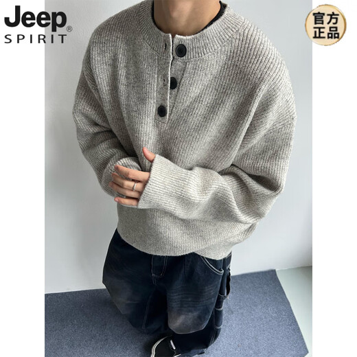 JEEP SPIRIT cleanfit heavyweight sweater jacket men's American lazy style retro Henry collar single-breasted sweater gray upgraded high-quality sweater M