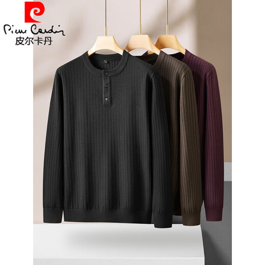 Pierre Cardin plus size men's henley collar long-sleeved sweater autumn and winter striped sweater men's large size loose sweater black XL (recommended 130-150Jin Jin equals 0.5 kg)