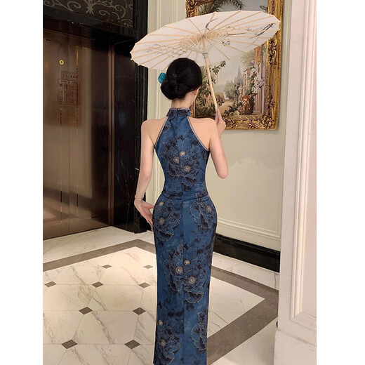 Feiyao cheongsam new Chinese style national style satin print improved cheongsam sleeveless slim waist sexy dress long skirt dark blue S length 105cm, bust 80cm
