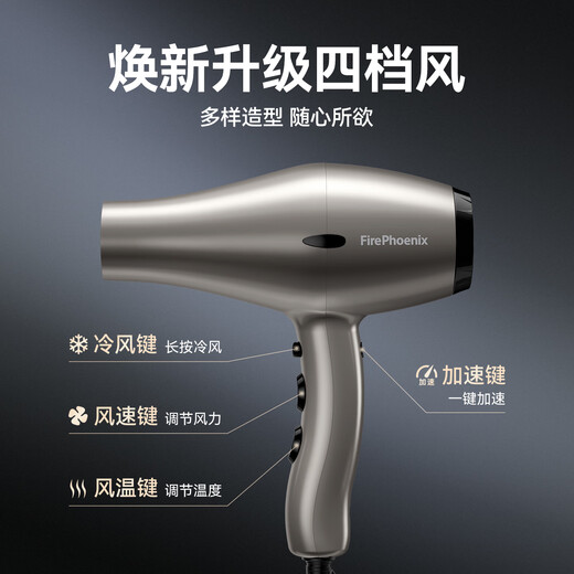 Fire Phoenix Hair Dryer 6600X, high power 2400W for hair salons, high wind power, low noise, home constant temperature hair care, no hair damage, professional hair dryer for barber shops, home appliances 6600X Titanium Gray (four wind speeds)