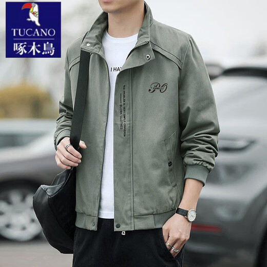 Woodpecker Jacket Men's Autumn and Winter 2025 New Cotton Jacket Jacket Men's Stand Collar Korean Style High-end Casual Work Jacket Green - Spring and Autumn Brand Special Price Clearance Pickup 2XL 135-150Jin Jin is equal to 0.5 kg