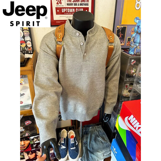 JEEP SPIRITcleanfit gray Henry collar knitted sweatshirt for men in autumn and winter American lazy style sweater Polo shirt with inner base light gray M
