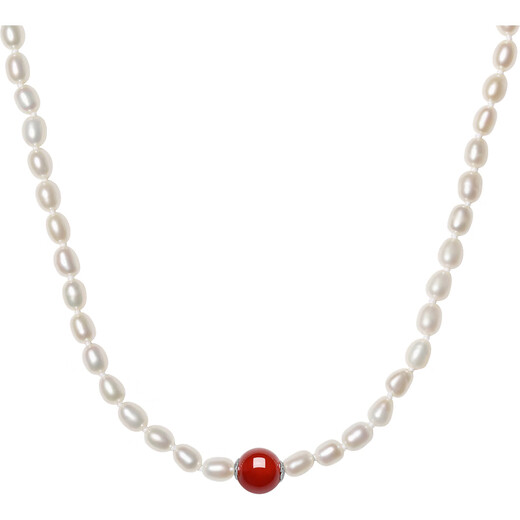 Saturday blessing silver buckle pearl necklace mother birthday gift red agate X0511903 long rice beads strong light about 5mm 45cm