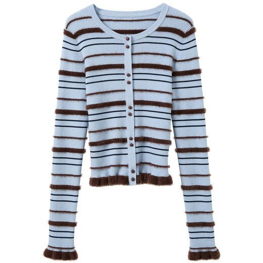 Sancai 2025 new winter striped sweater round neck earring sweater slim fit short F clear sky blue stripe S 155/80A