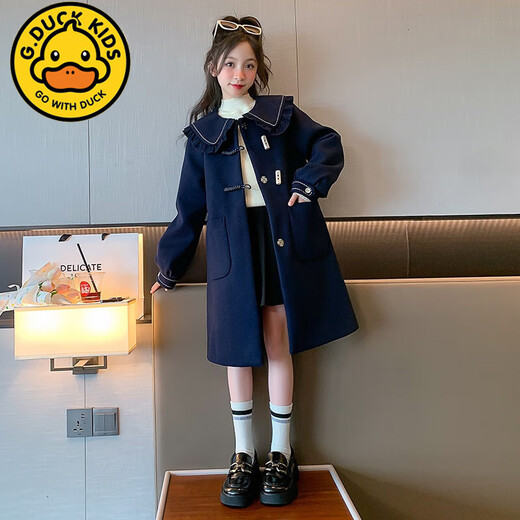 G.DUCKKIDS Girls' Woolen Coat Autumn and Winter 2024 New Style Western Style Medium and Large Children's Thickened Medium and Long Lapel Woolen Coat Navy Blue 150cm