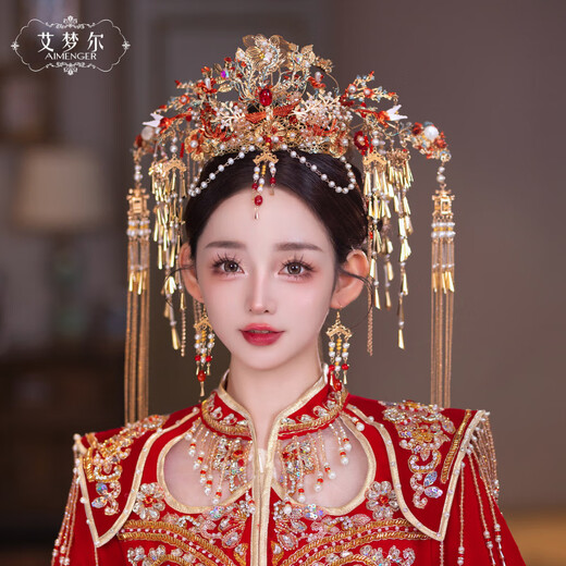 AIMENGER Xiuhe headdress 2025 new Chinese style grand dragon and phoenix gown heavy industry wedding bride Xiuhe headdress female GX Golden Bell Queen Round Crown + Ear Clip