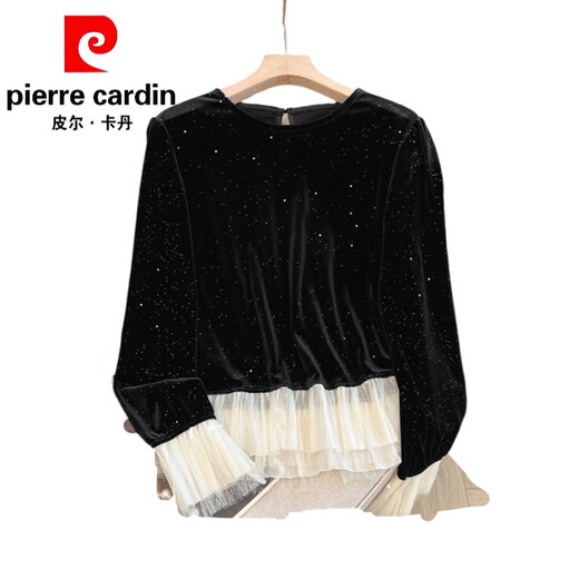 Pierre Cardin high-end brand black silk velvet top women's long-sleeved bottoming with autumn and winter new loose ruffle Pierre Cardin black L (recommended 100-115Jin Jin equals 0.5kg)