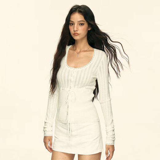 AAISUP American style hollow chic long-sleeved sweater for women 2025 spring and autumn super popular age-reducing slim fit hot girl inner top trendy white S