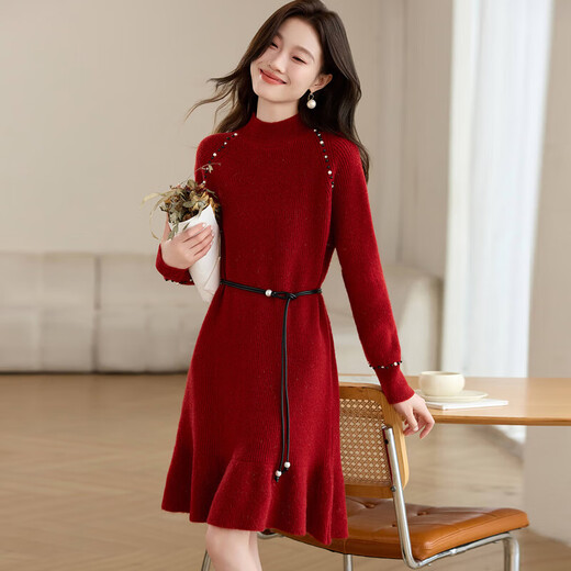 Robe de marque haut de gamme de luxe ehangy pour les femmes 2025 Nouvelle mi-haut à demi-manche en tricot, jupe décontractée à la mode APPRICOT Couleur S 80-95jin [Jin est égal à 0,5 kg]