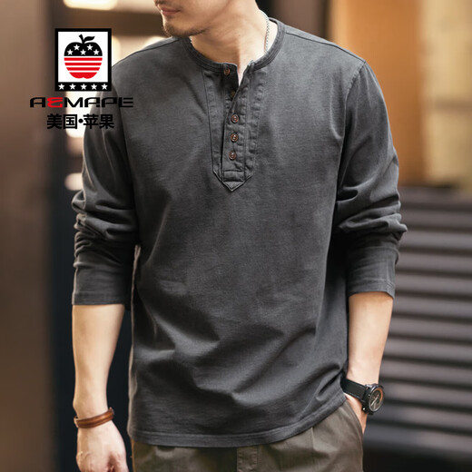 AEMAPE American Apple high-end retro long-sleeved T-shirt men's spring and autumn tough guy Henry collar loose cotton bottoming shirt top men's T 2315 carbon gray T-shirt XL size 160-180Jin Jin equals 0.5 kg