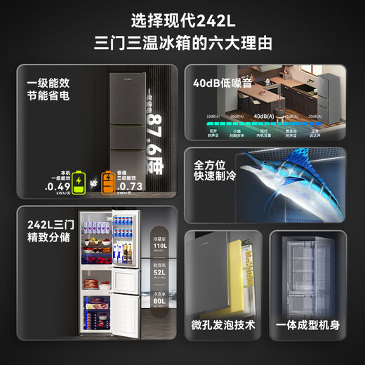 HYUNDAI (Korean Hyundai) Large Capacity Double Door Two Door Refrigerator Household Medium Small Refrigerator Freezer Refrigerator Rental Dormitory Energy Saving 242L Gray First Level Energy Efficiency + Three Doors and Three Temperatures