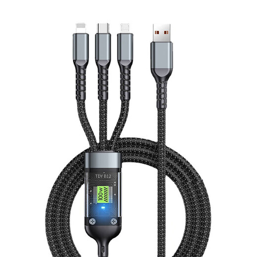 6A CHIP transparente de carga rápida La luz de respiración por cable de datos de teléfono móvil de tres en uno es adecuada para Apple, Android, Huawei, Xiaomi, Tipo-C/100W, un remolque, tres monturas de automóviles, 1.2 metros negros