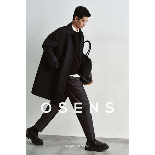 OSENS cotton three-proof fabric classic Balmakken windbreaker men's mid-length retro lapel jacket autumn dark navy ready stock XL (180/100A)