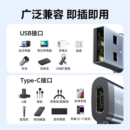 Shengwei USB conversion Type-C adapter OTG Apple 17/16/15 fast charging cable suitable for car carplay headphones Huawei mobile phones notebook desktop computers ETU0005J
