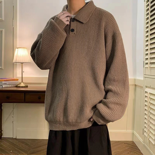 Qingyimian Japanese retro polo collar sweater winter men's 2025 new warm loose sweater lazy Henry collar inner wear brown (Henry collar) L recommended 100-125Jin Jin equals 0.5 kg