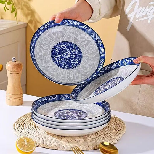 Household Internet celebrity high-looking ceramic tableware underglaze blue and white tableware green branches and jade tableware set 8-inch plate 1 piece