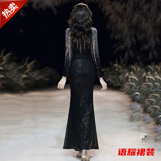 Feng Xiaowei evening dress women's new high-end elegant slimming fishtail skirt annual meeting banquet wearable elegant black L