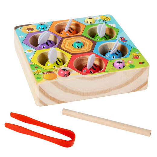 SANGTY children's fishing magnetic toys early education games intelligence boys and girls magnetic set three-dimensional fish box wooden honeycomb insect catching game (solid wood thickness)