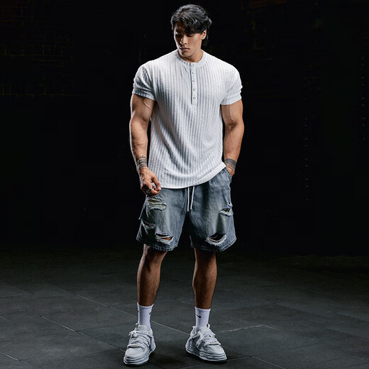 MUSCLE DOG muscle dog fitness short-sleeved men's new summer loose casual henley shirt training clothes half-sleeved sports T-shirt men's white S