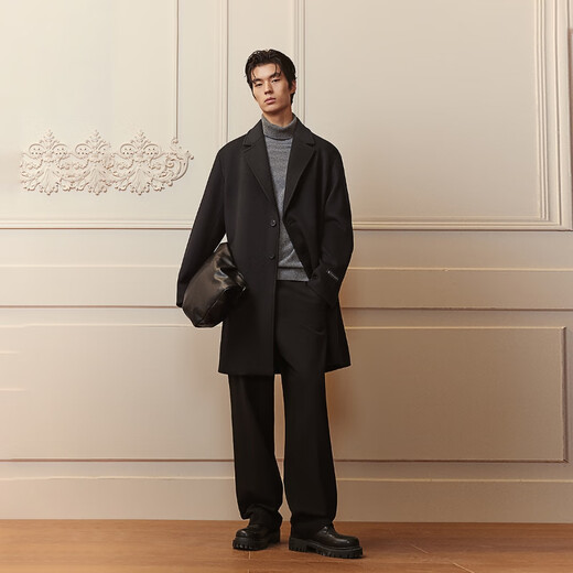 JACK&JONES Men's 25th Autumn and Winter Woolen Coat Men's Medium Long Loose Korean Style Simple Woolen Woolen Coat Men E40 Black Regular L (180)