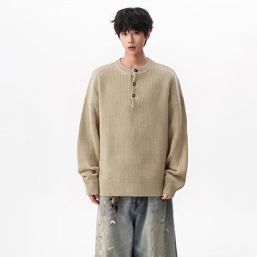 OEMG old money style Henry collar sweater men's autumn and winter trendy American retro sweater tops lazy jacket Khaki XL recommended 110-130Jin Jin equals 0.5 kg