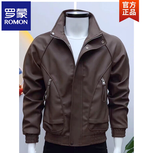 ROMON Korean style stand-up collar trendy brand handsome men's PU leather jacket, slim and versatile autumn and winter youth Douyin fashionable leather jacket, brown plus velvet S Weight (95-110) Jin Jin is equal to 0.5 kg