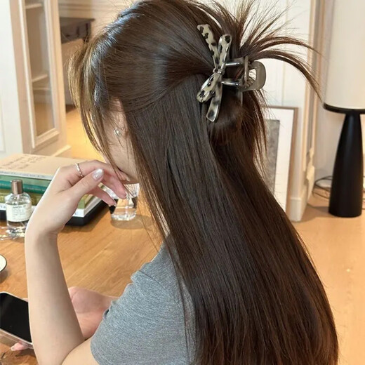 Acrylic smudged leopard print bow clip hair clip large hair volume shark clip niche high-end headwear clip - coffee color
