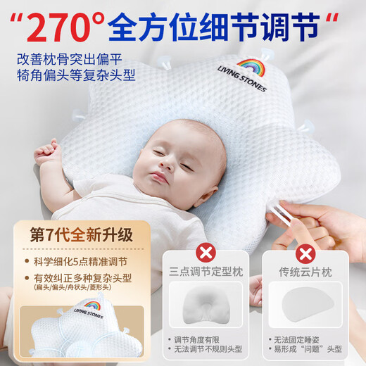 Cute stone shaped pillow for babies 0-6 months old, round-head baby pillow for 0-1 year old, correcting lopsided head shape for newborn children, white and blue, 0-2 years old, 10A antibacterial-comforting fixed column, shaped pillow for babies 0-2 years old, machine washable