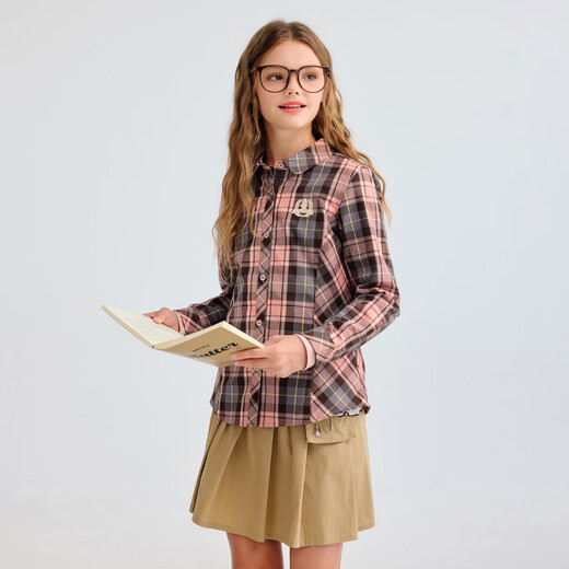 Hush Puppies children's clothing for children and older children 2025 autumn new casual comfortable soft classic college plaid long-sleeved shirt light pink 160 cm