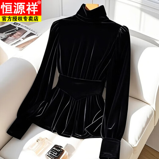 Hengyuanxiang gold velvet bottoming shirt women's top autumn and winter style inner long-sleeved shirt 2025 black thickened plus velvet black plus velvet style L 110-120Jin Jin is equal to 0.5 kg