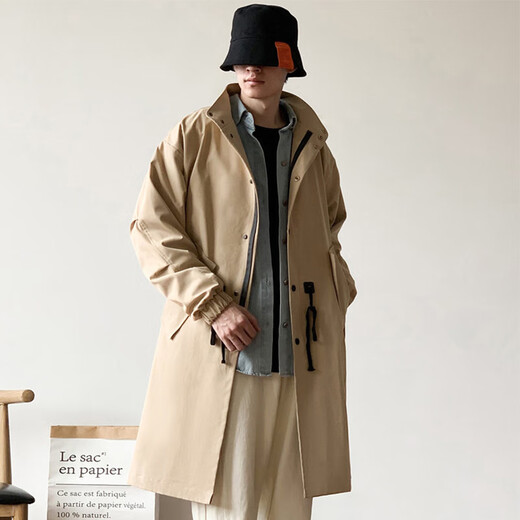 JEEP SPIRIT吉普日系抽绳收腰中长款风衣男秋季外套宽松休闲大衣卡其色XL