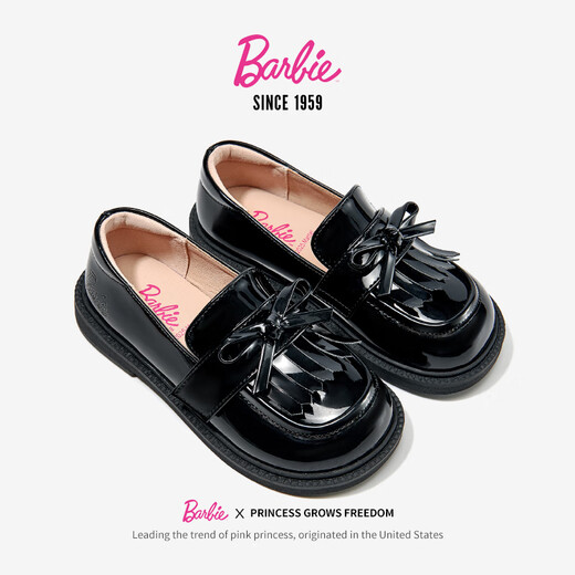 Barbie Girls Leather Shoes Spring and Autumn Little Girls Black Leather Shoes Girls Loafers Soft Soled Small Leather Shoes DA6720 Black 36