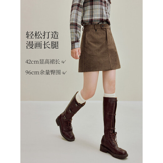 Inman Suede Retro Skirt 2025 Autumn Women's New High Waist Slim A-Line Skirt Dark Coffee M